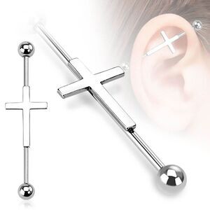 Cross Industrial Barbell 14G Surgical Steel | 35mm – Silver  | Single Bar